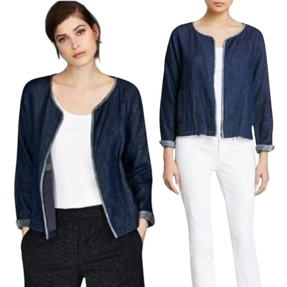 Eileen Fisher Organic Cotton Double Weave Short Jacket Women's Small Blue Casual - Picture 1 of 15